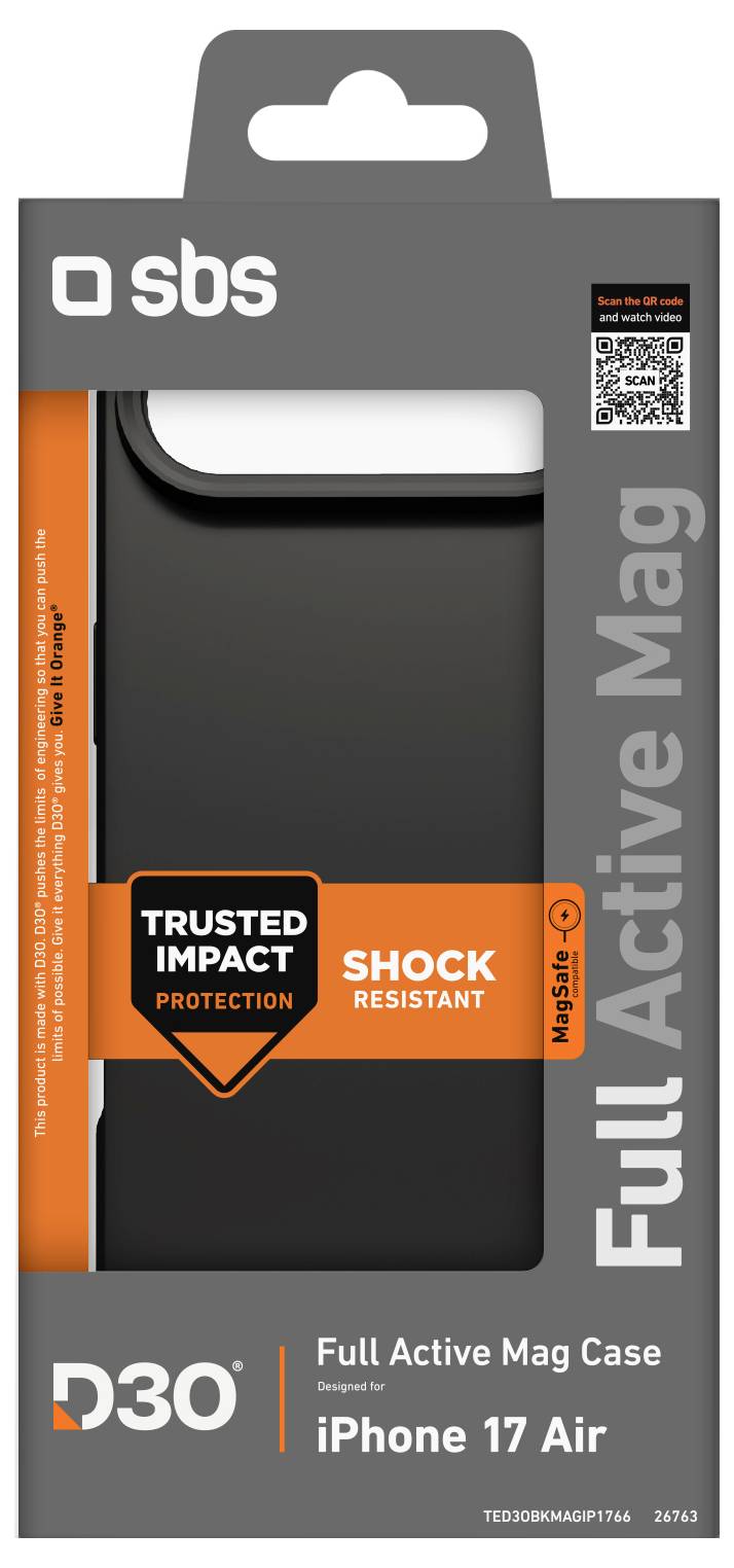 Opakowanie 'iPhone 17 Air Full Active Mag Case' z etykietami 'Zaufana ochrona przed uderzeniami' i 'Odporny na wstrząsy'. Produkt firmy SBS.
