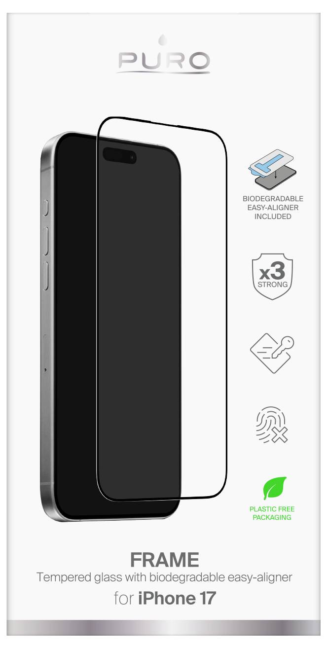 Ochraniacz ekranu ze szkła hartowanego 'PURO FRAME' dla iPhone'a 17, z biodegradowalnym ułatwiaczem nakładania, x3 mocny, opakowanie wolne od plastiku.