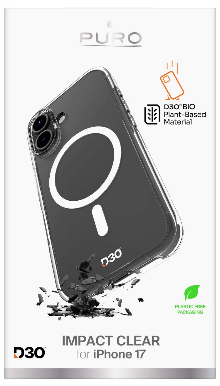 Przezroczyste etui na telefon iPhone 17 firmy Puro, wykonane z materiału D3O® Bio na bazie roślin, w opakowaniu wolnym od plastiku.