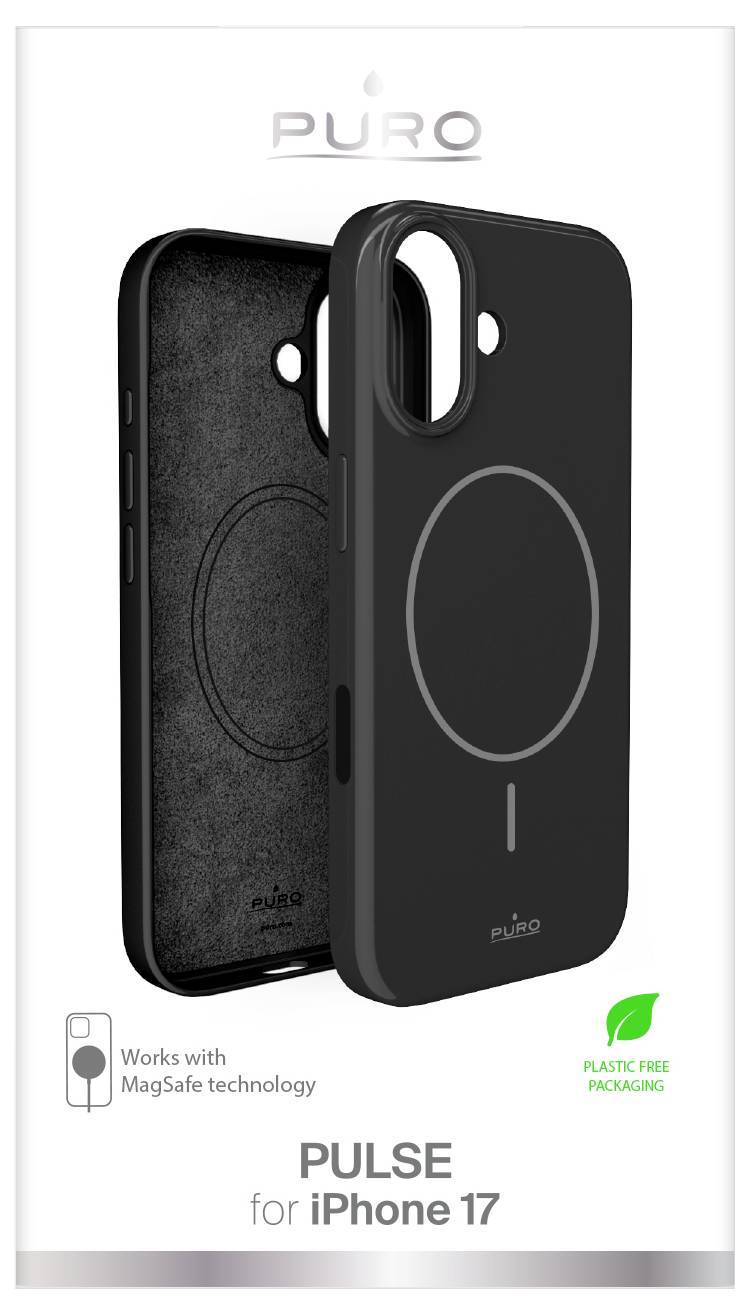 Etui iPhone 17 Pulse firmy Puro, kompatybilne z technologią MagSafe. Dostarczane w opakowaniu bez plastiku.