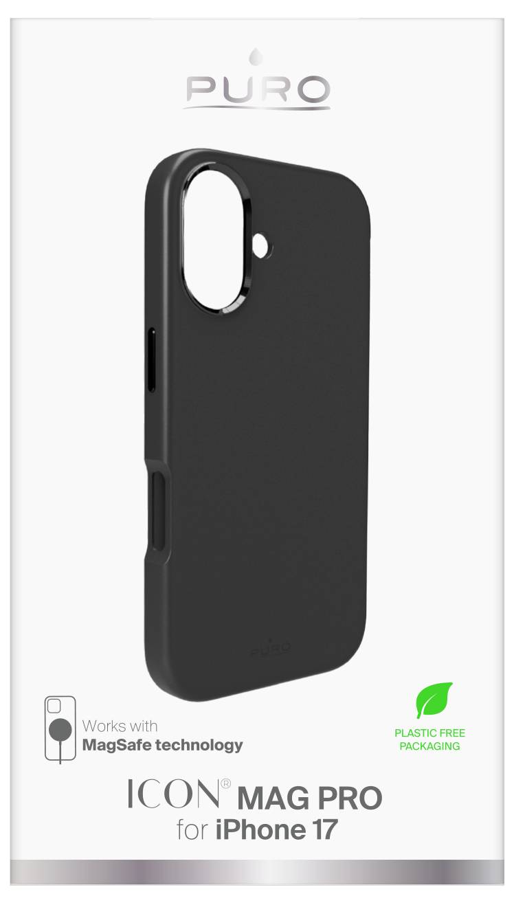 Czarny futerał na telefon do iPhone'a 17 z technologią MagSafe, prezentowany w opakowaniu wolnym od plastiku.