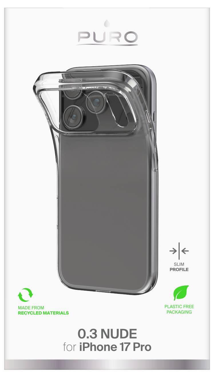 Przezroczyste etui na telefon na iPhone 17 Pro, z hasłami: „Wykonane z materiałów z recyklingu", „Opakowanie wolne od plastiku" oraz „Smukły profil".