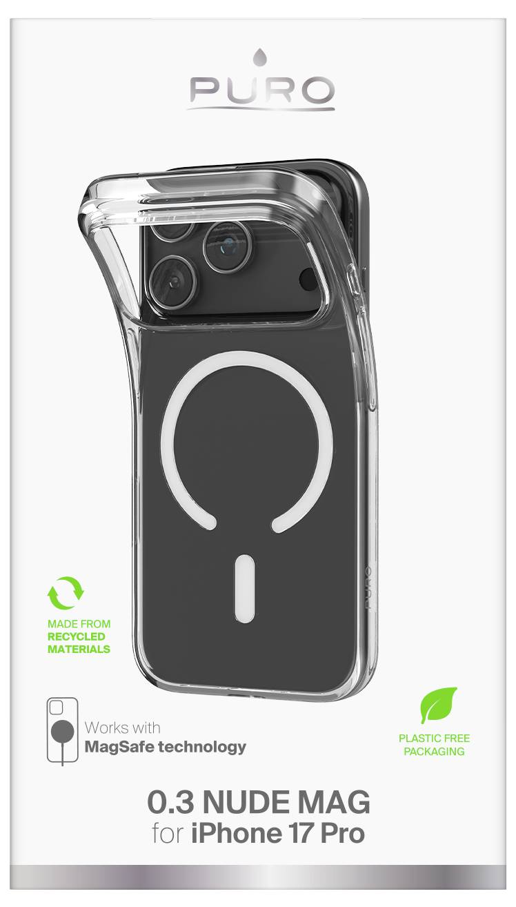 Przezroczysty futerał na telefon iPhone 17 Pro ze zgodnością z MagSafe, wykonany z materiałów przyjaznych środowisku, w opakowaniu wolnym od plastiku.