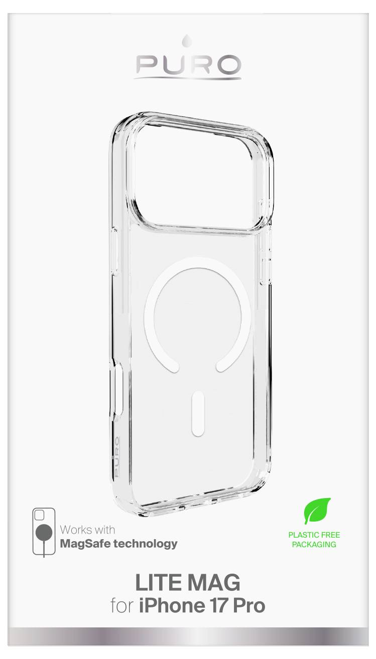 Przezroczyste etui na telefon do 'iPhone 17 Pro'. Wyposażone w technologię MagSafe i oznaczone jako 'opakowanie wolne od plastiku'.