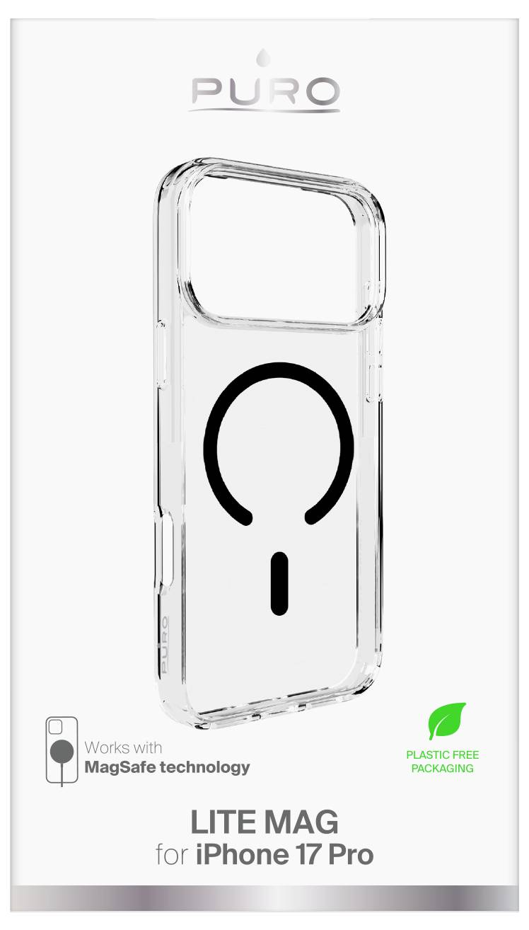 Przezroczyste etui na smartfona do iPhone'a 17 Pro z serii 'Lite Mag', kompatybilne z technologią MagSafe, w opakowaniu wolnym od plastiku.