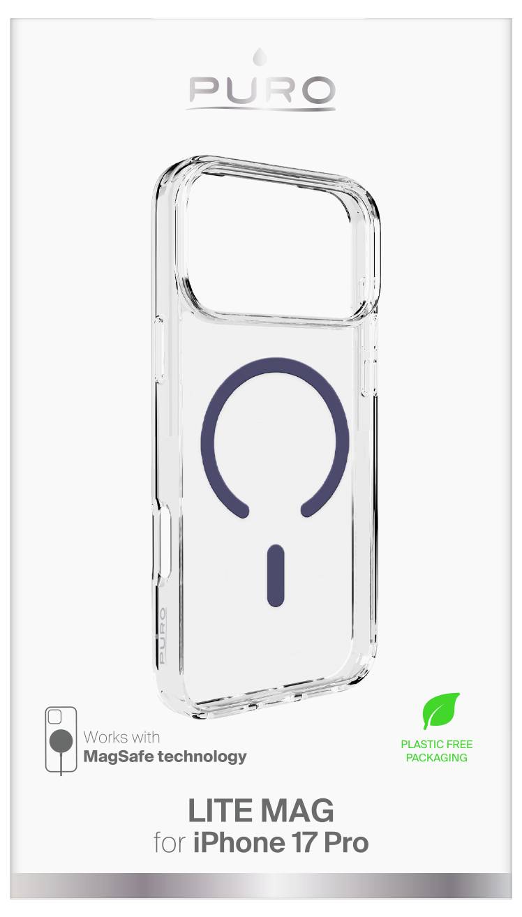 Etui 'Puro Lite Mag' w przezroczystej wersji dla iPhone 17 Pro, kompatybilne z MagSafe. Opakowanie oznaczone jako wolne od plastiku.