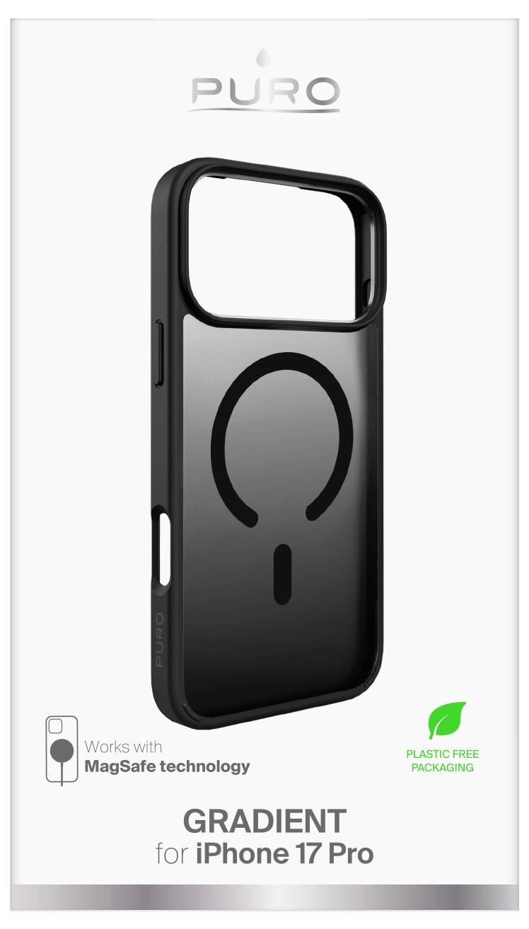 Etui na iPhone 17 Pro. Projekt w czarnym gradiencie z etykietami 'Kompatybilne z technologią MagSafe' oraz 'Opakowanie wolne od plastiku'.