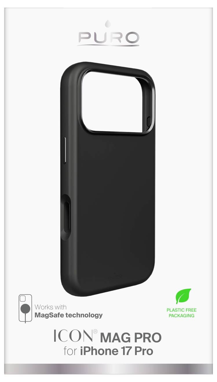Czarny futerał na iPhone'a 17 Pro z kompatybilnością z MagSafe, prezentowany w ekologicznym opakowaniu.