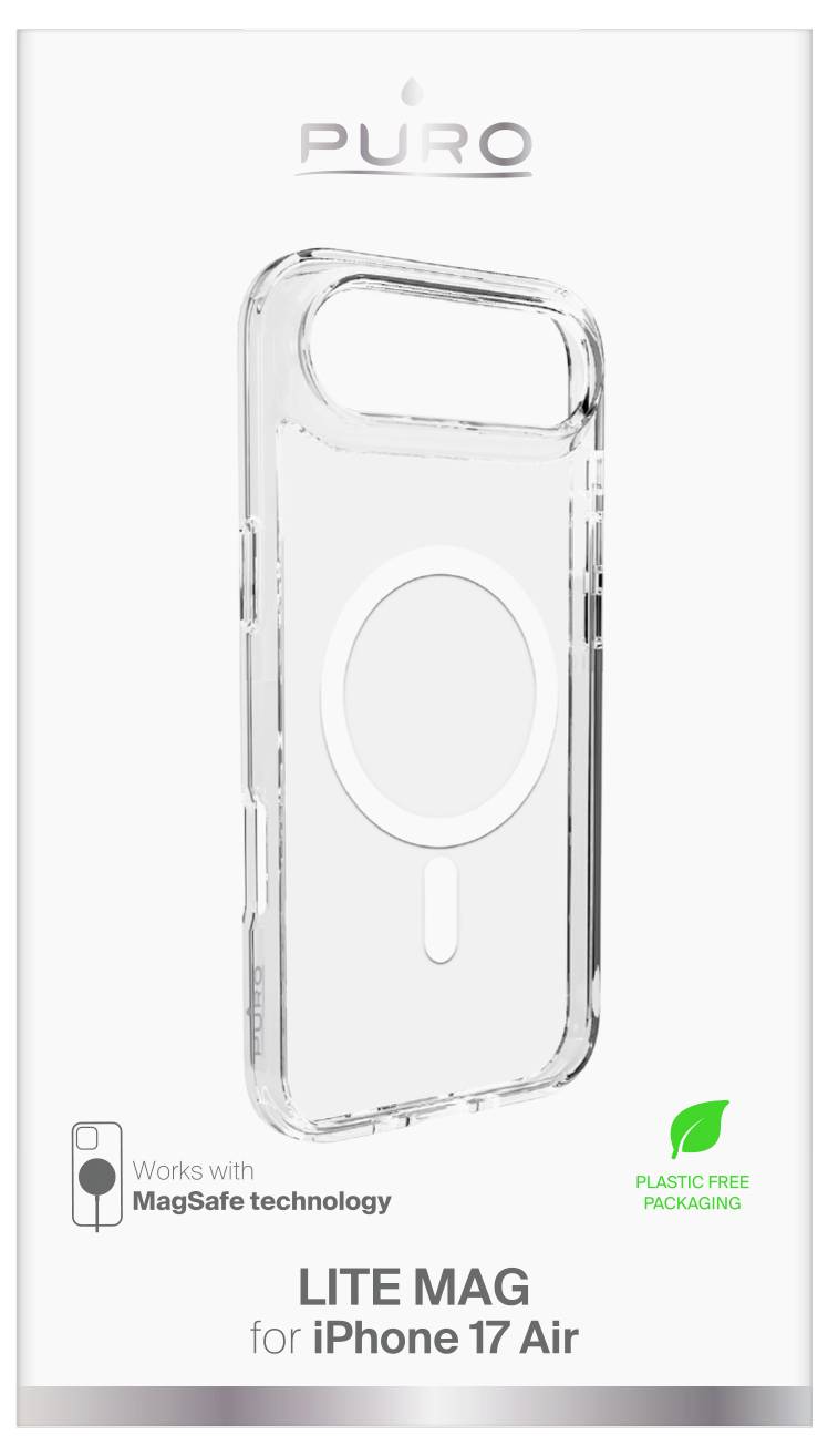 Etui Puro Lite Mag w przezroczystej wersji do iPhone'a 17 Air, kompatybilne z technologią MagSafe, prezentowane w opakowaniu wolnym od plastiku.