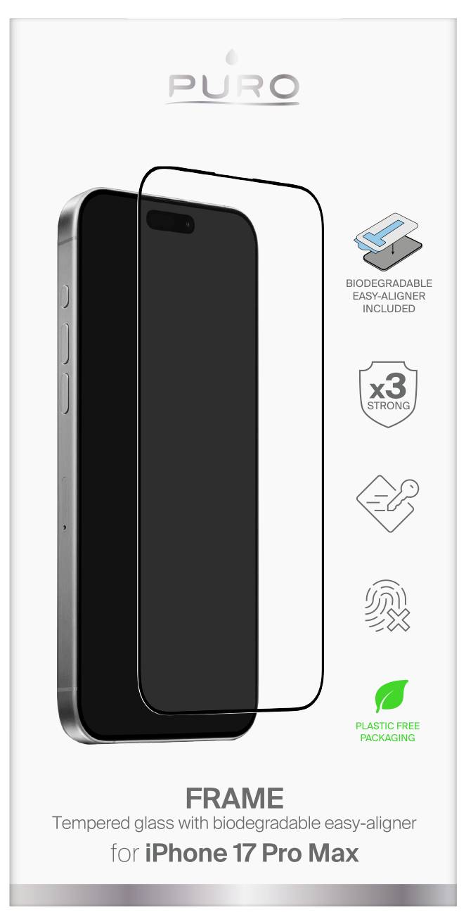 'Hartowane szkło ochronne Puro FRAME do iPhone 17 Pro Max. Biodegradowalny aplikator w zestawie. Opakowanie wolne od plastiku.'