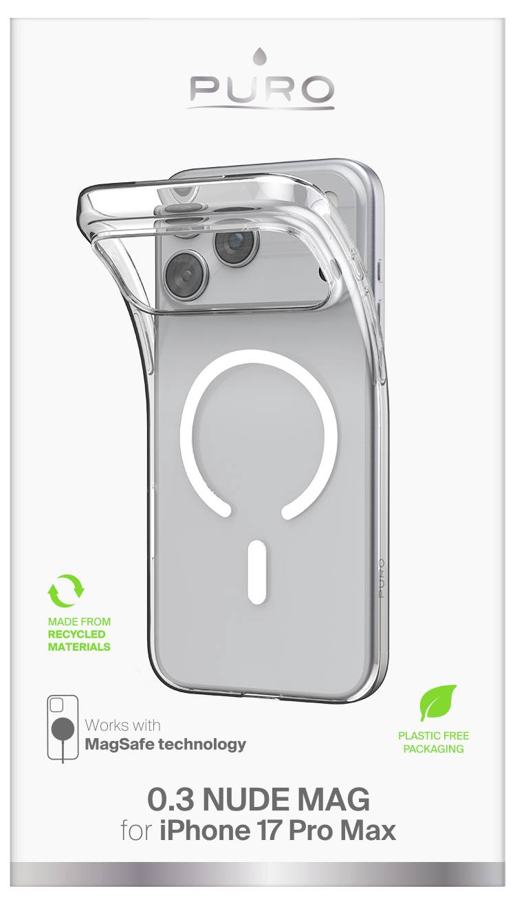 Przezroczyste etui na telefon kompatybilne z MagSafe dla iPhone'a 17 Pro Max, wykonane z materiałów z recyklingu i pakowane bez użycia plastiku.