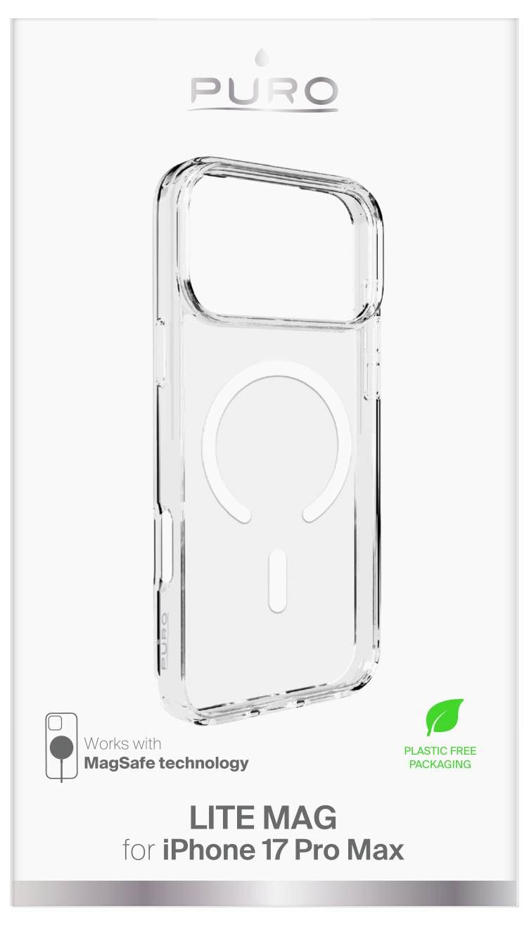 Przezroczyste etui na telefon iPhone 17 Pro Max, kompatybilne z MagSafe, w opakowaniu wolnym od plastiku. Marka 'PURO' na górze.