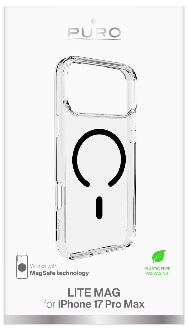 Etui na iPhone 17 Pro Max w przezroczystej obudowie z tekstem 'Lite Mag', technologią MagSafe oraz etykietą opakowania wolnego od plastiku.