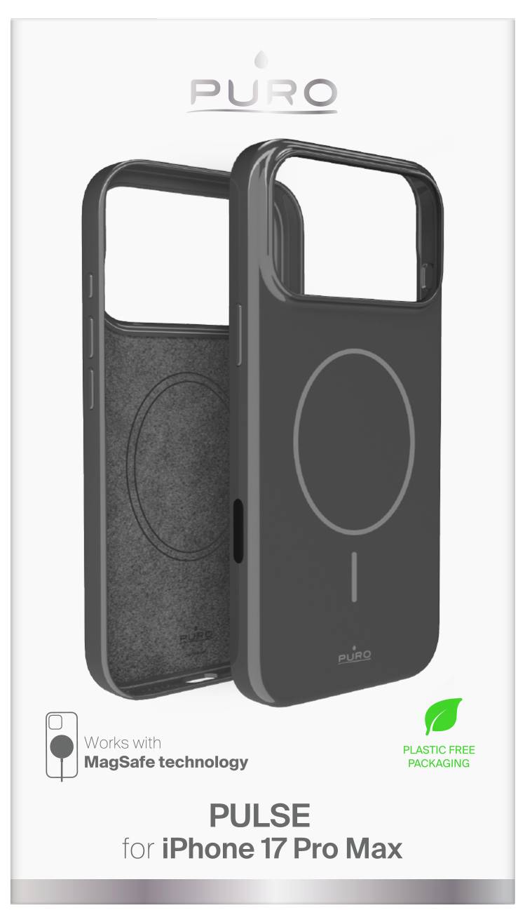 Opakowanie etui na telefon prezentuje czarne etui dla 'iPhone 17 Pro Max' z technologią MagSafe, podkreślając opakowanie wolne od plastiku.