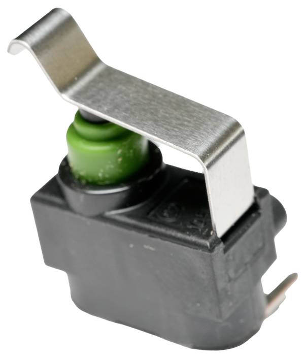 Mały czarno-zielony przycisk przełącznikowy z przymocowanym metalowym uchwytem, prawdopodobnie przeznaczony do zastosowań elektronicznych lub mechanicznych.