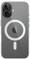 Przezroczyste etui na telefon z okrągłym magnetycznym pierścieniem zaprojektowanym z kompatybilnością MagSafe, eksponujące logo Apple w swoim centrum.