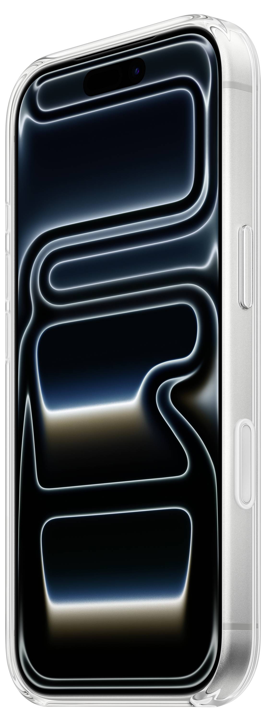 Smartfon z minimalistycznym i abstrakcyjnym wzorem świecącej linii na ekranie, umieszczony w przezroczystym etui ochronnym.