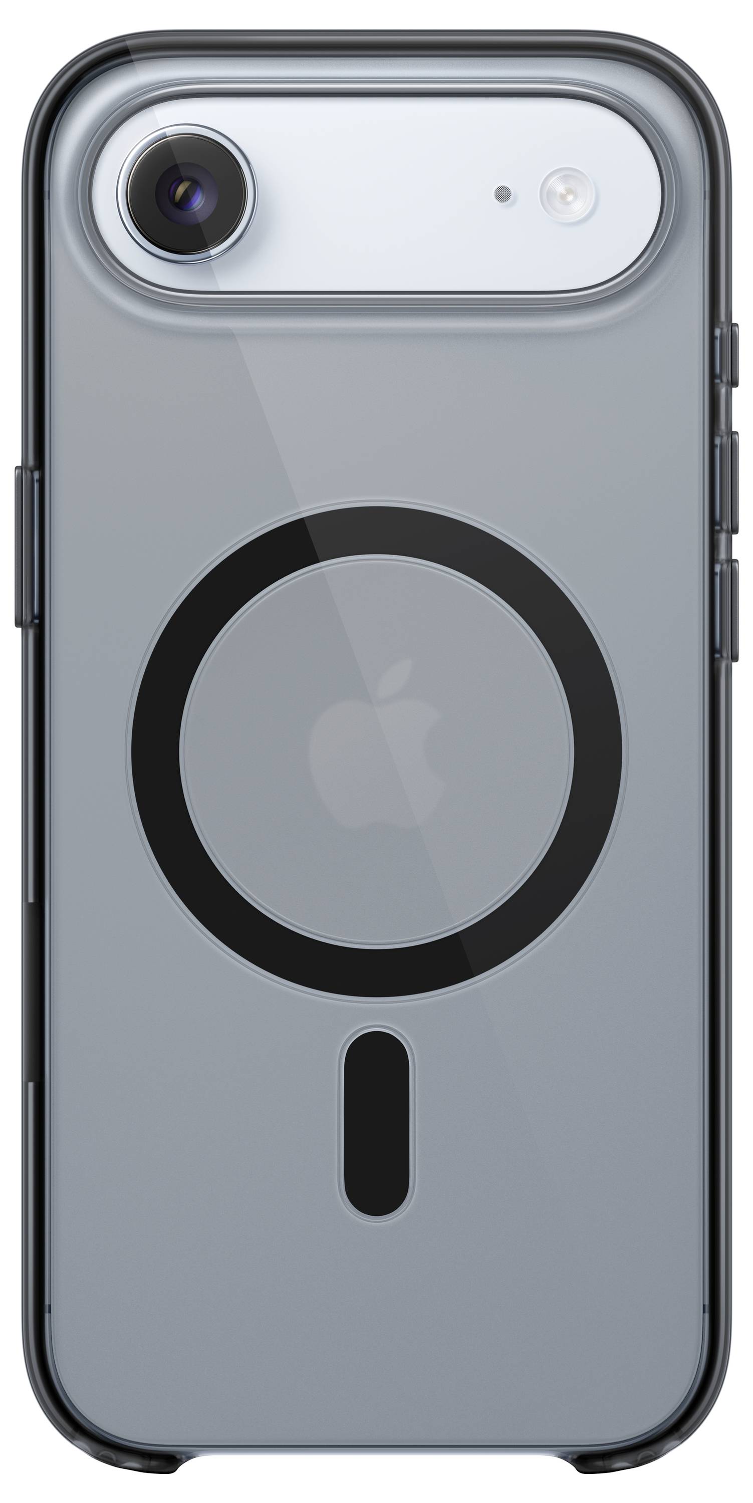 Smartfon z szarym etui MagSafe z czarnym okrągłym wzorem na tylnej stronie, prezentujący logo Apple na środku.