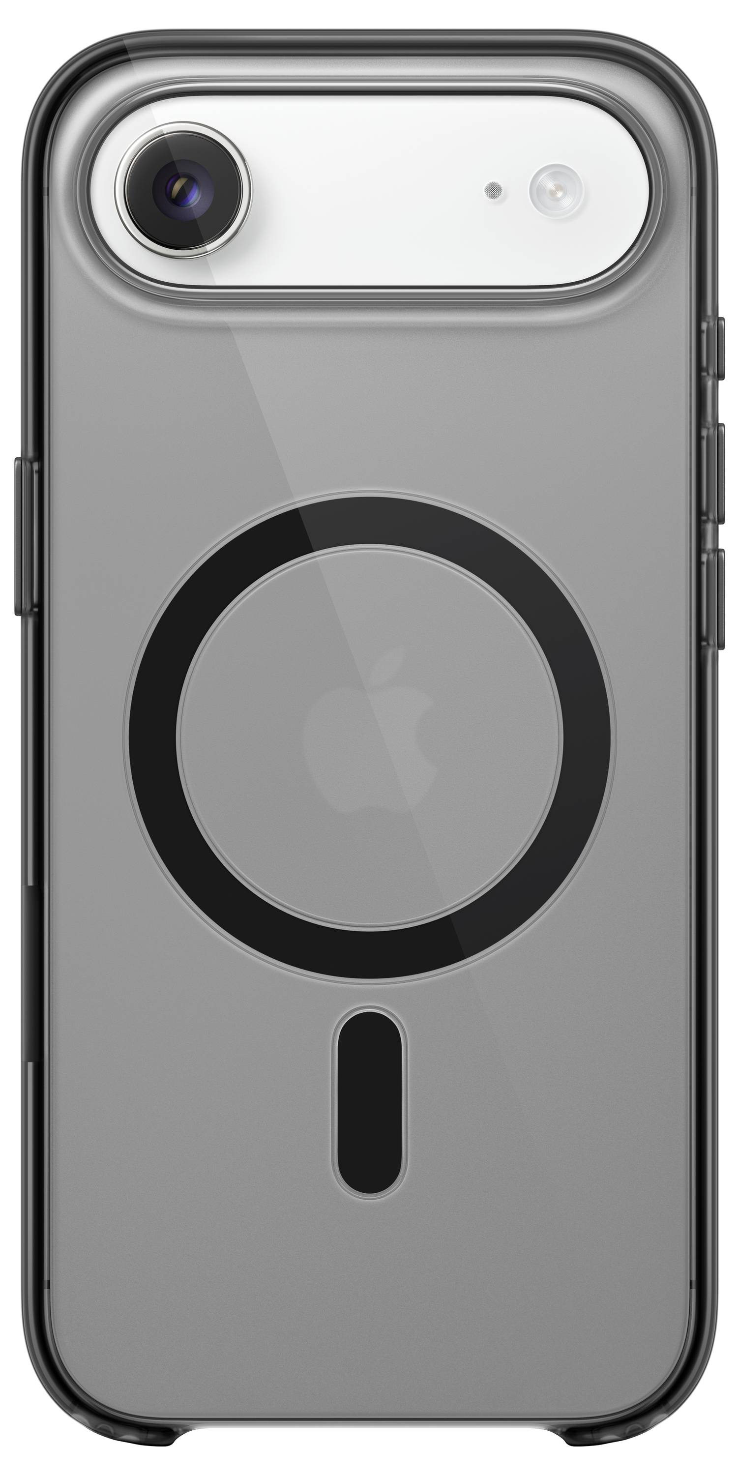 Smartfon w przezroczystym etui z okrągłym pierścieniem MagSafe na tylnej części, podkreślającym kompatybilność z ładowaniem bezprzewodowym.