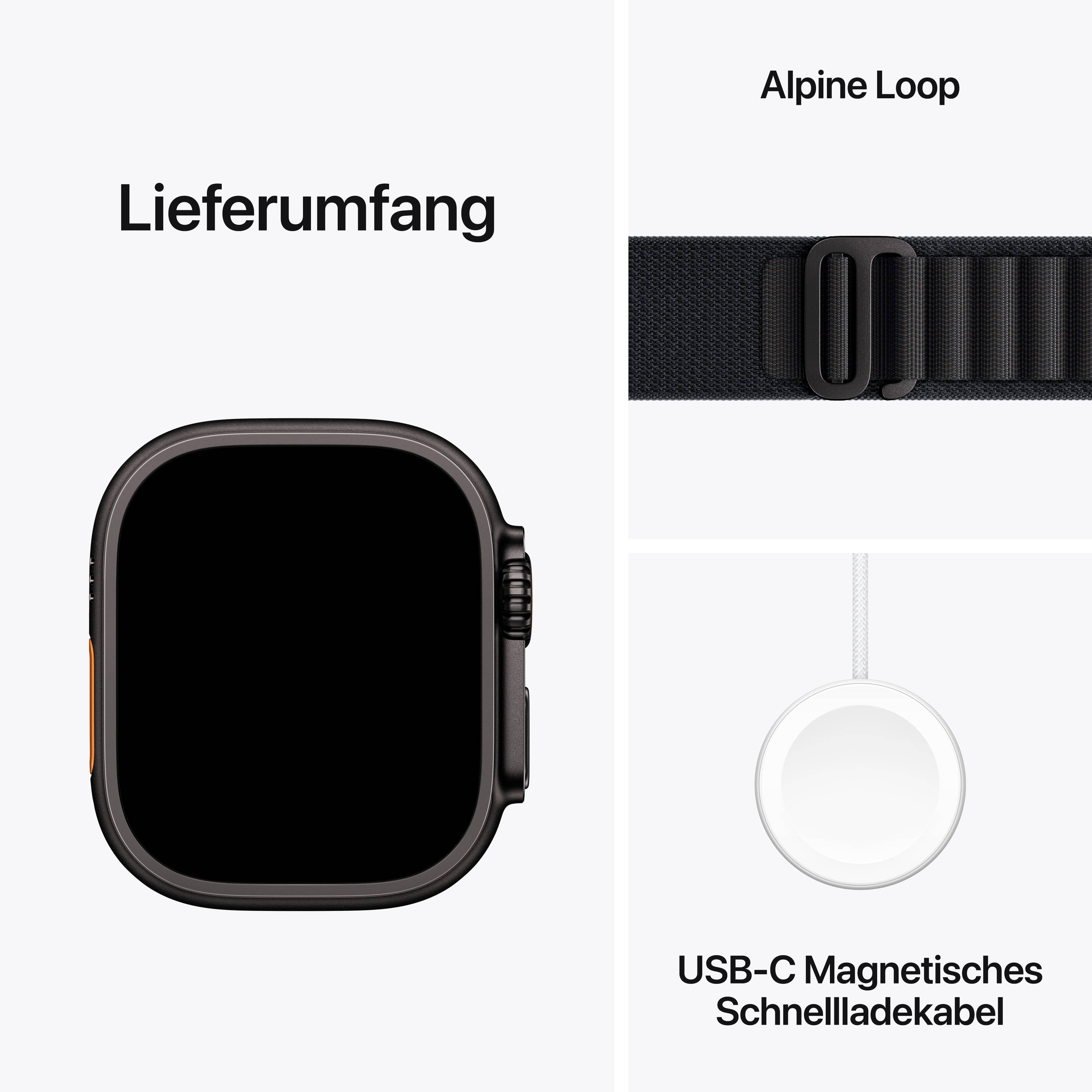 Zakres dostawy produktu: Smartwatch z opaską Alpine Loop oraz kabel magnetyczny USB-C do szybkiego ładowania.