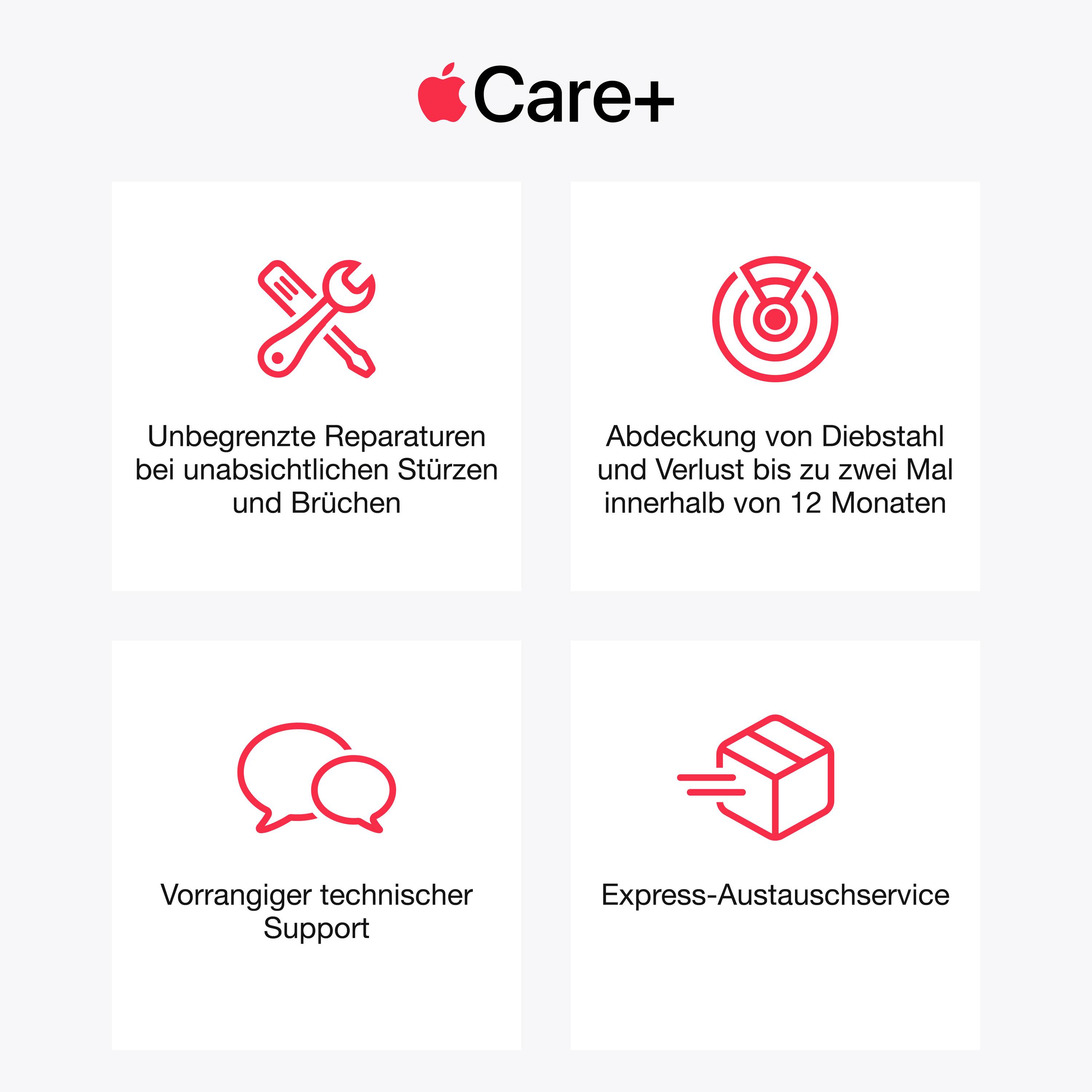 Logo 'AppleCare+' z czterema symbolami: naprawy w przypadku uszkodzeń, ochrona w razie kradzieży, wsparcie techniczne oraz serwis wymiany ekspresowej.