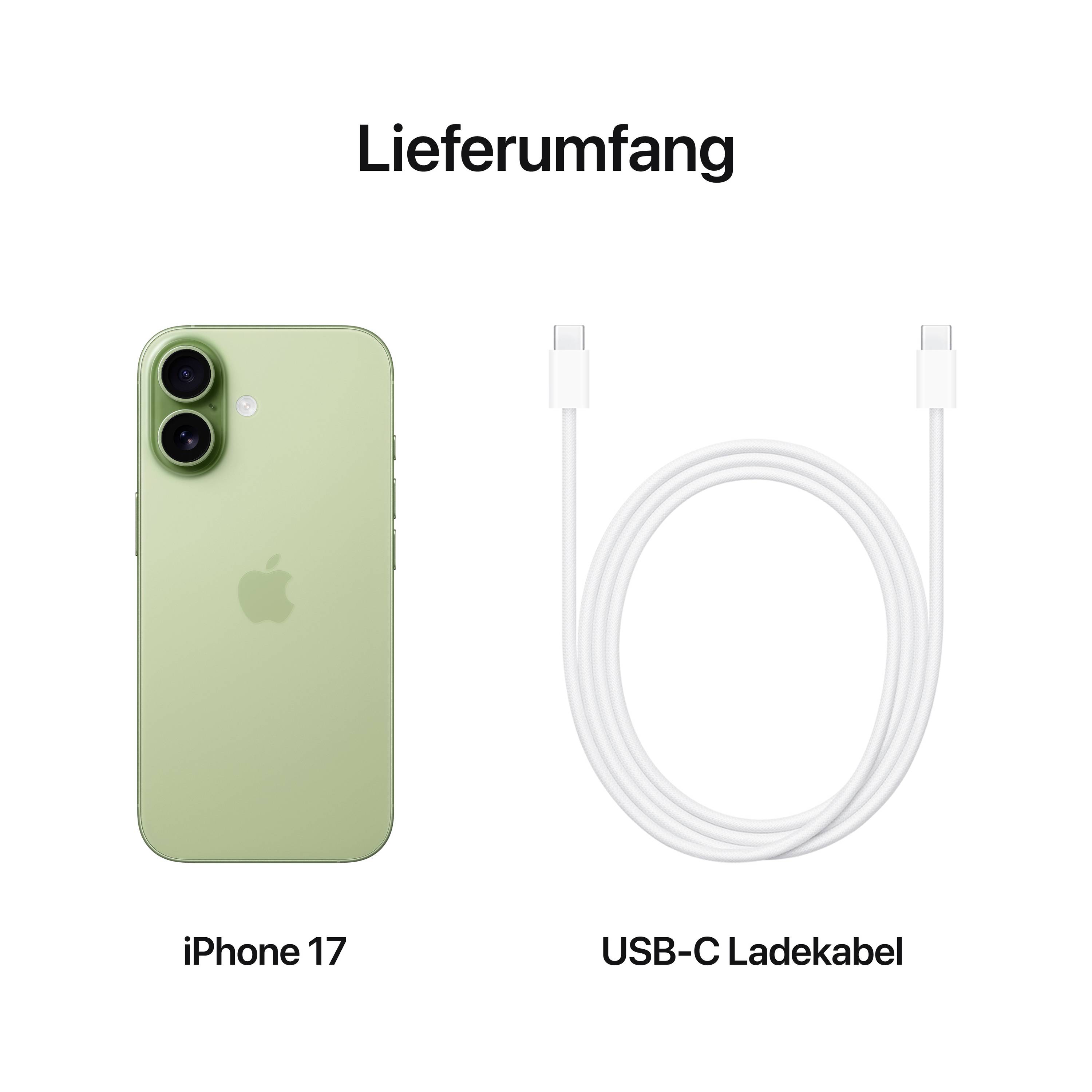iPhone 17 w kolorze zielonym oraz kabel do ładowania USB-C są przedstawione pod tytułem 'Zawartość opakowania'.