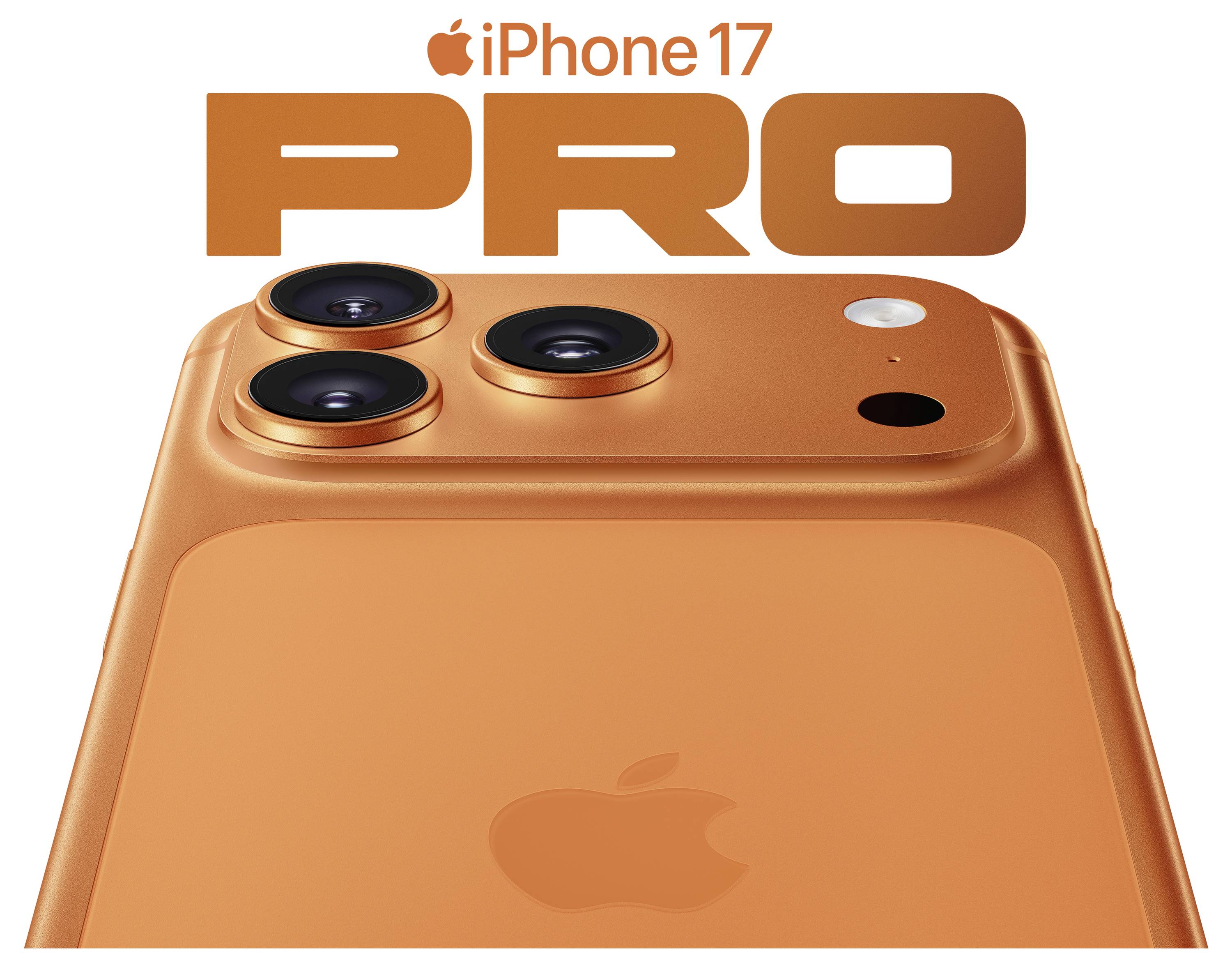 Pomarańczowy 'iPhone 17 Pro' z wyraźnym aparatem potrójnym i logo Apple. Napis: 'iPhone 17 Pro' u góry.