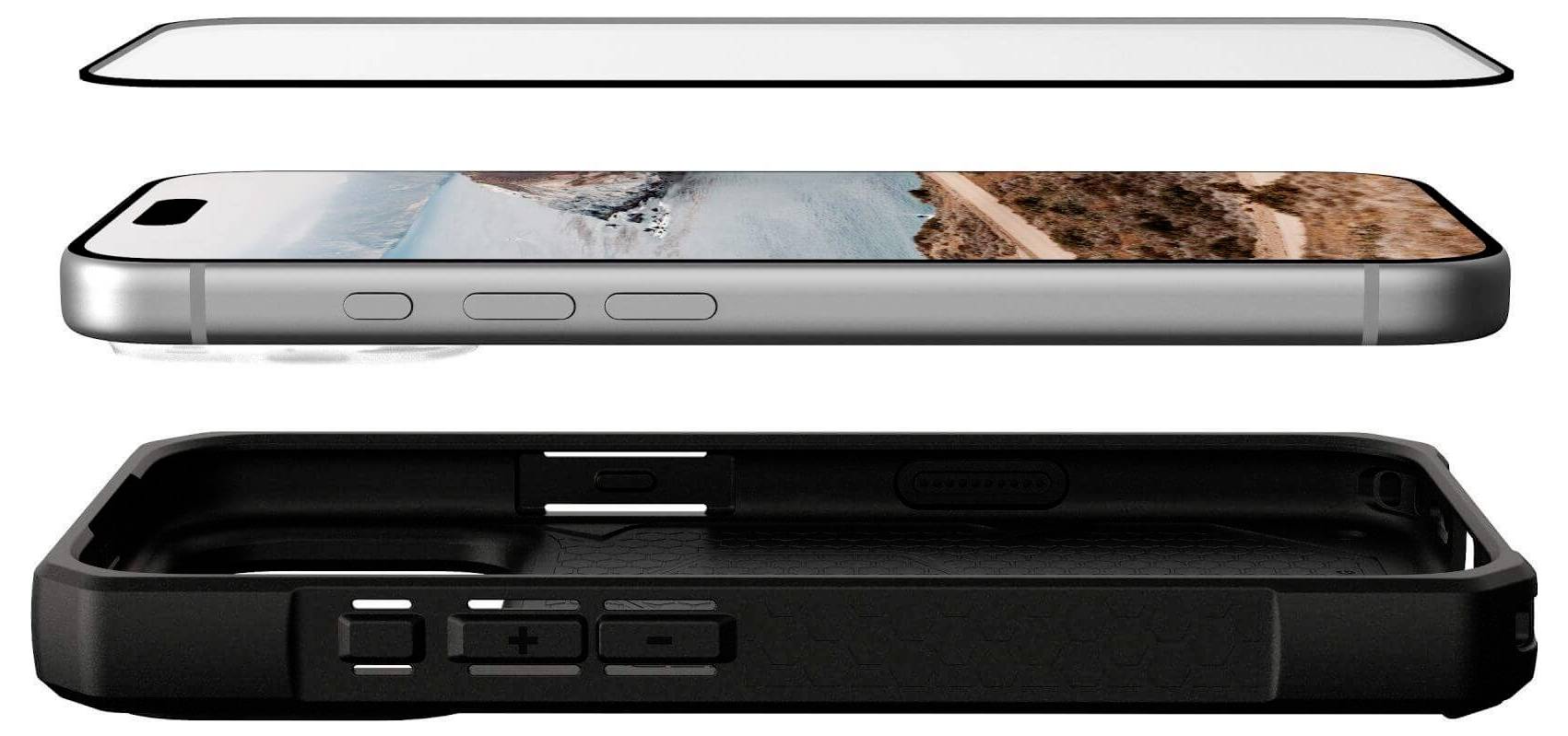 Smartfon z folią ochronną i czarną obudową ochronną, widok z boku z widocznymi przyciskami głośności i zasilania.