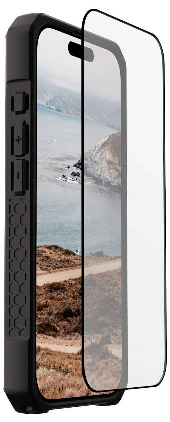 Wytrzymały smartfon w ochronnym etui z osobną, przezroczystą folią ochronną na ekranie, na którym wyświetlany jest tapeta przedstawiająca krajobraz nadmorski.