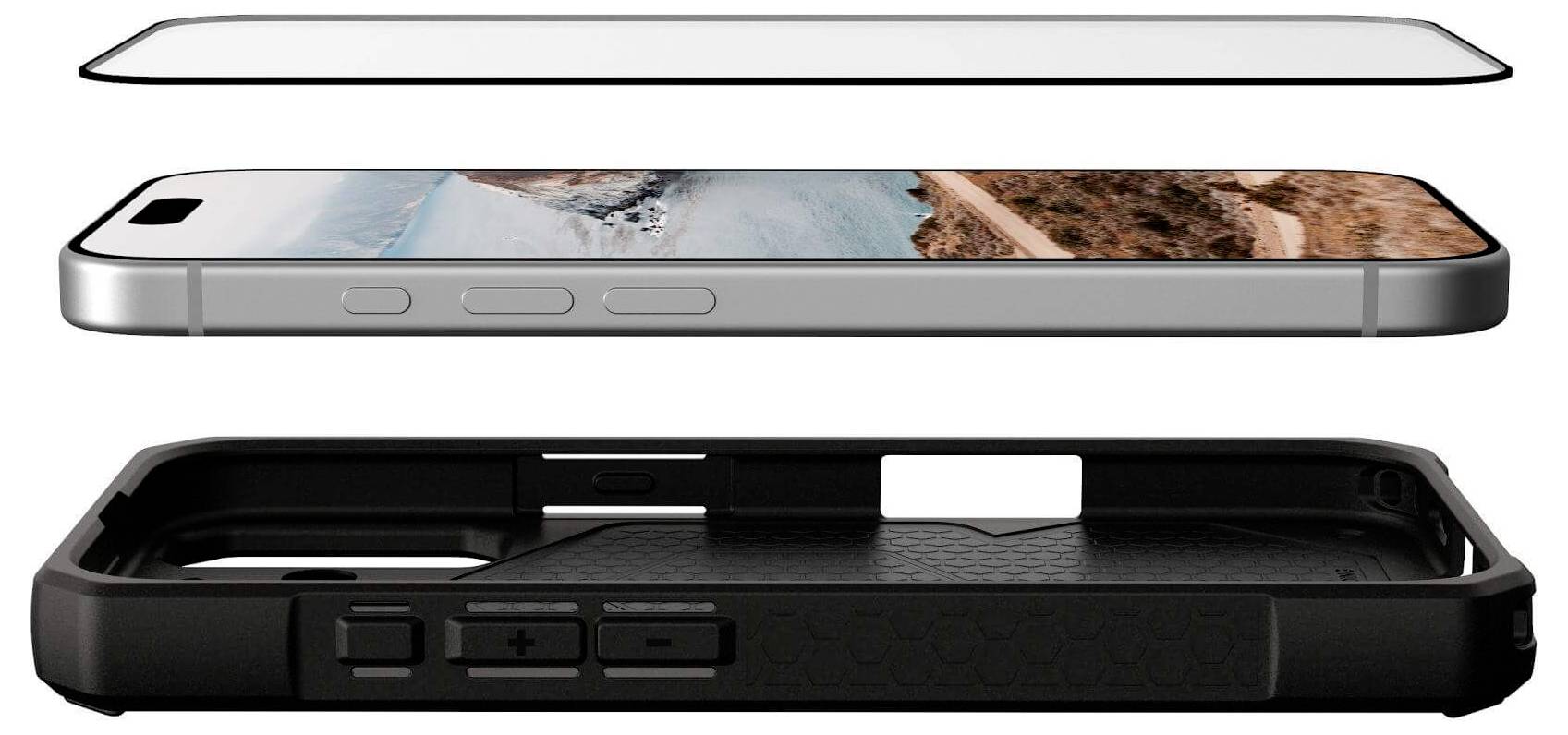 Telefon z krajobrazowym zdjęciem na ekranie, przedstawiony w warstwach: osłona ekranu na górze, telefon pośrodku, etui ochronne na dole.