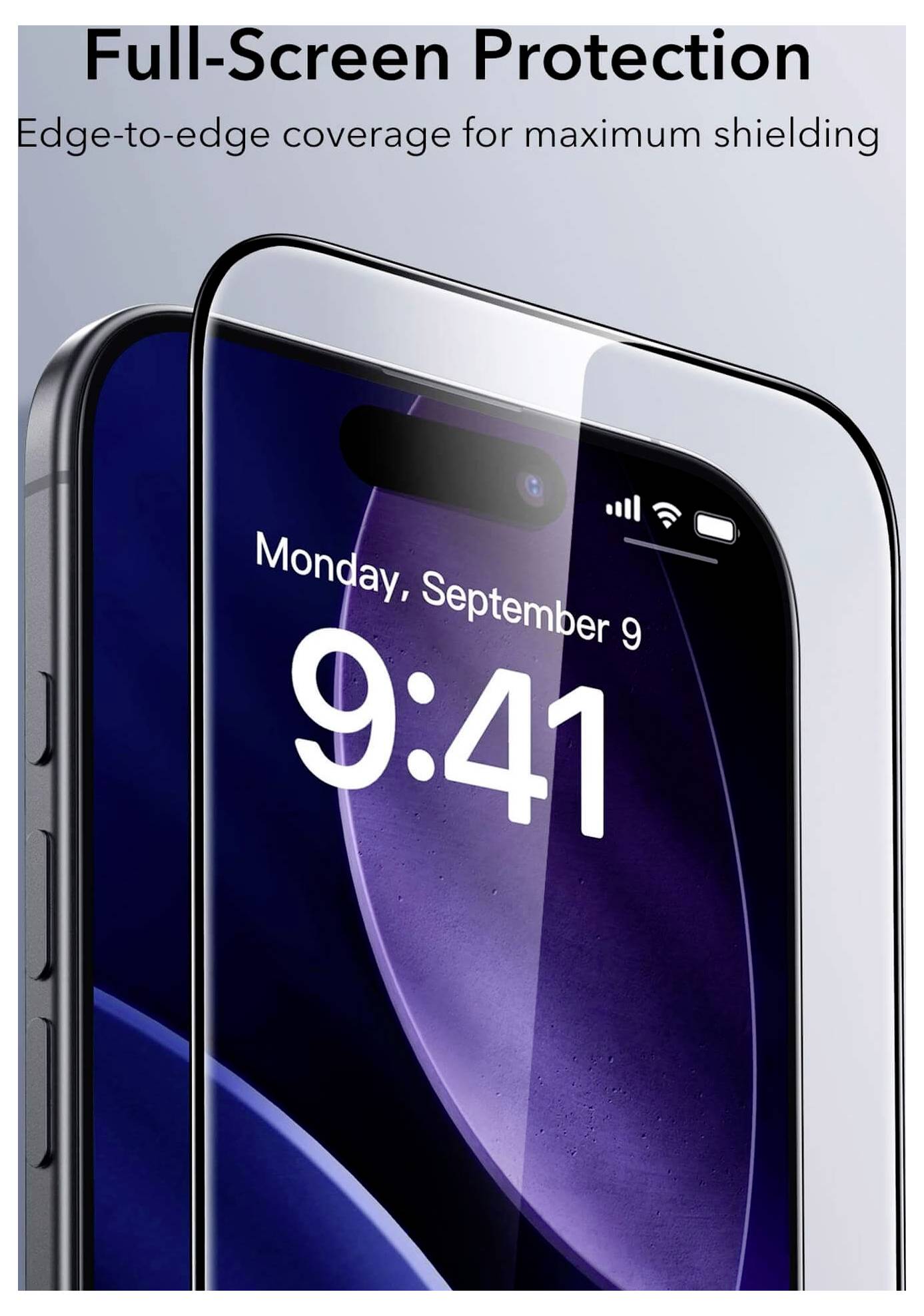 Ochrona Pełnoekranowa z zabezpieczeniem krawędź-do-krawędzi, wyświetlacz telefonu z datą 'Poniedziałek, 9 września' oraz godziną '9:41'.