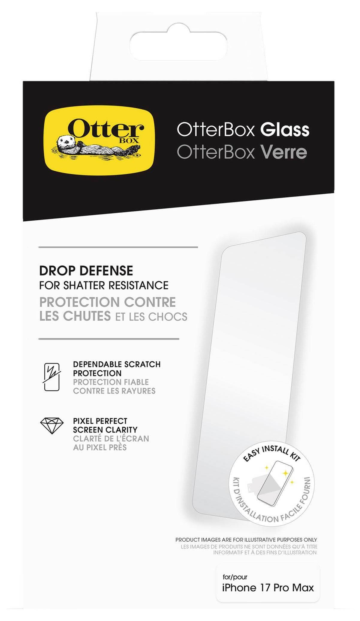 Szklane zabezpieczenie ekranu OtterBox dla iPhone 17 Pro Max, podkreślające odporność na rozbicie, ochronę przed zarysowaniami oraz łatwą instalację.