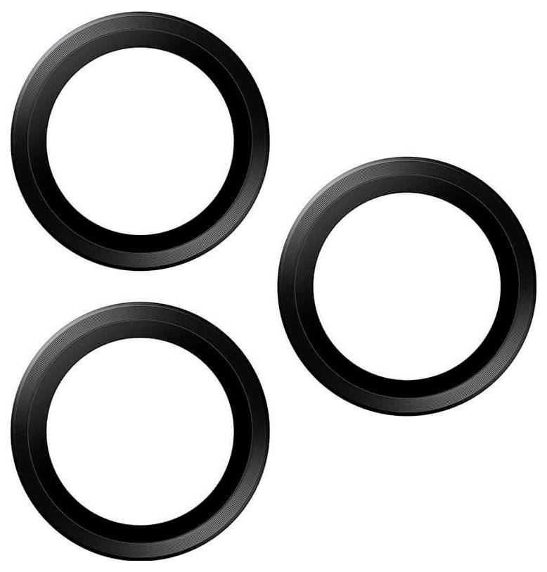 Trzy czarne koła ułożone na ukos na białym tle.