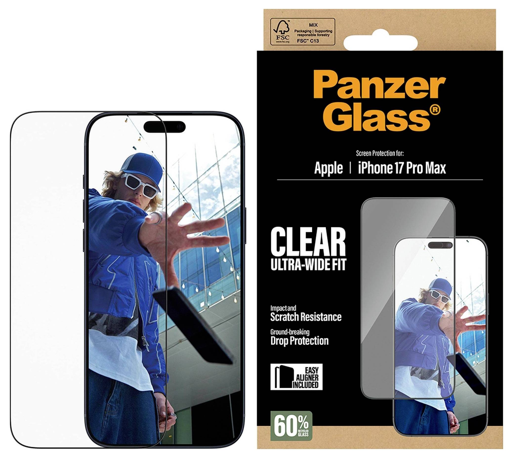 "Szkło hartowane Panzer Glass Ultra-Wide Fit Zabezpieczenie ekranu do iPhone 17 Pro Max" na opakowaniu, przedstawiające osobę w niebieskiej kurtce rzucającą telefonem.