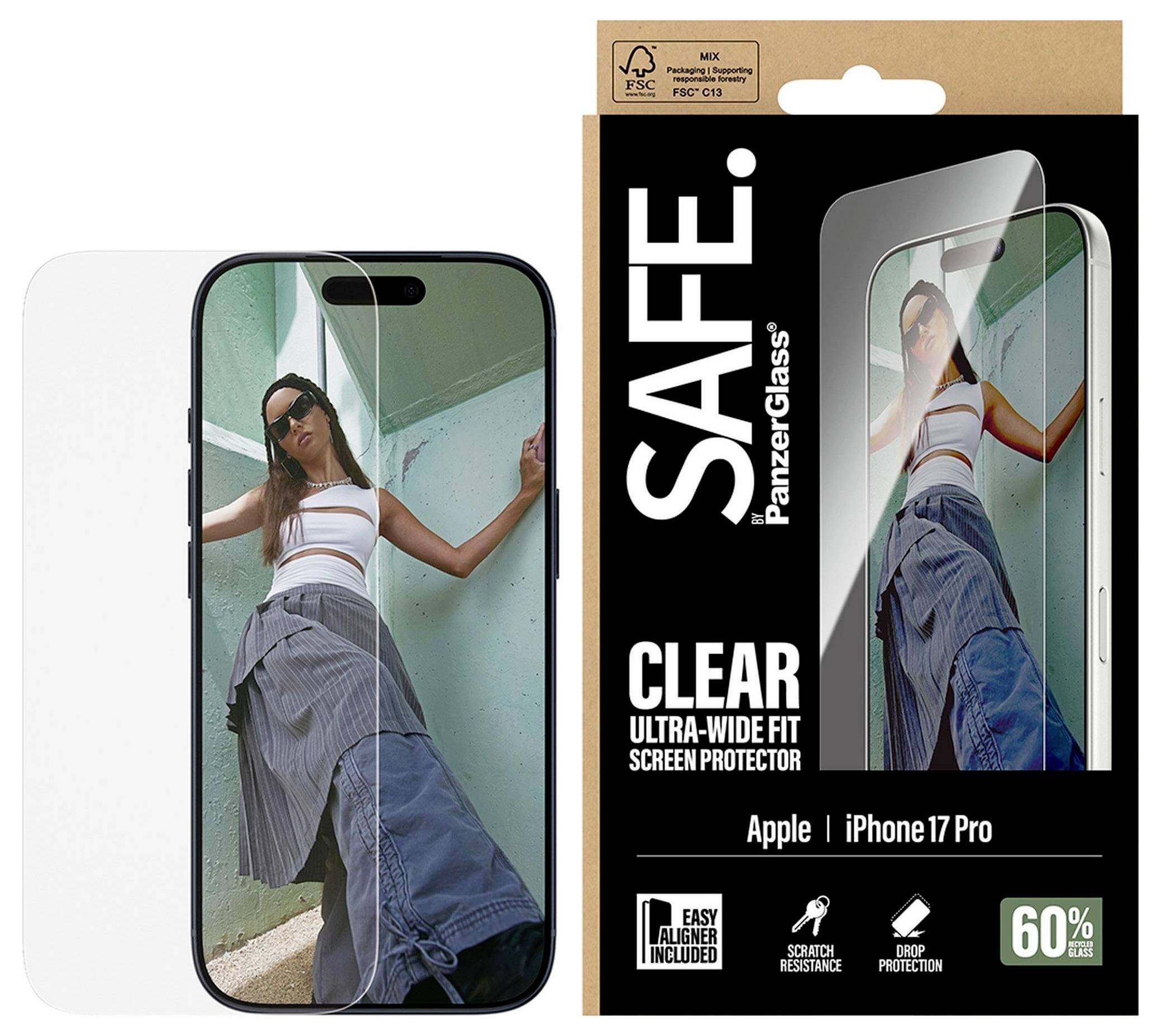 Szkło ochronne na telefon z napisem 'BEZPIECZNE. PanzerGlass' dla iPhone'a z wizerunkiem kobiety na tle ekranu telefonu w tle.