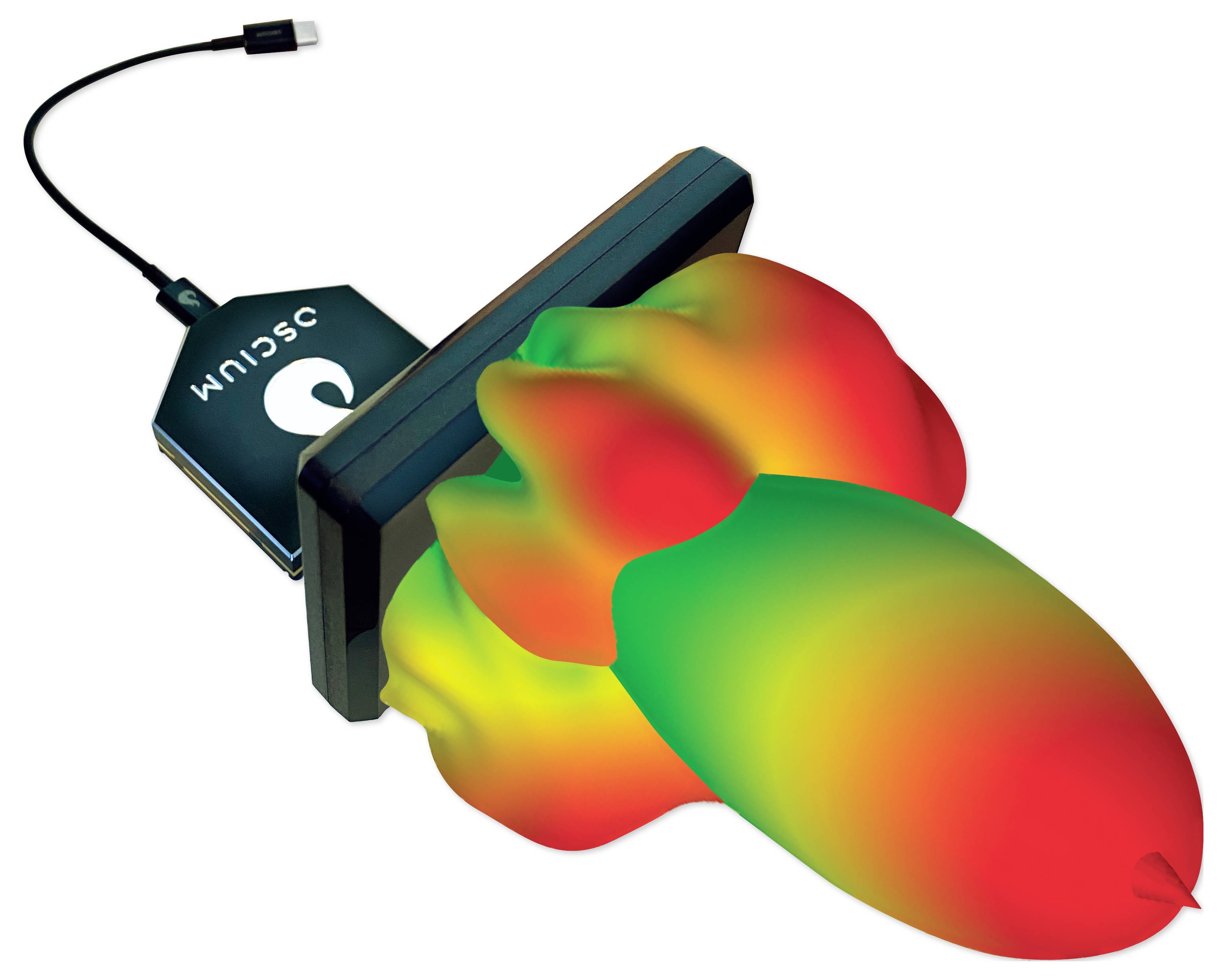 Urządzenie skanera 3D rejestruje szczegółowy kształt i gradient kolorów obiektu, wizualizowany w spektrum od zieleni do czerwieni.