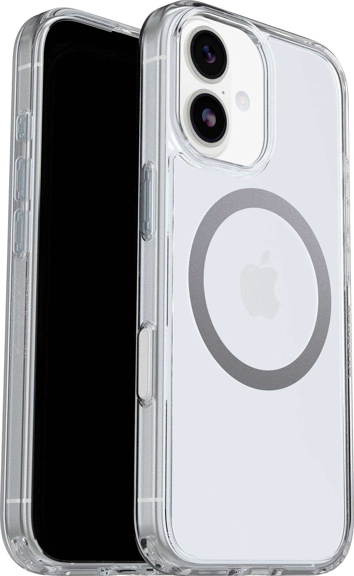 Przezroczyste etui na telefon do iPhone'a, wyposażone w magnetyczny krąg MagSafe z tyłu oraz logo Apple na środku.