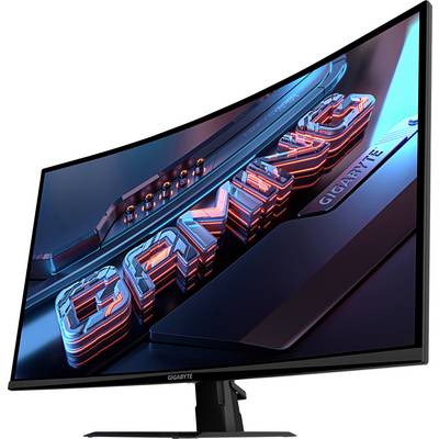 Zakrzywiony monitor komputerowy wyświetlający słowo 'GAMING' w futurystycznym efekcie 3D z oświetleniem neonowym, podkreślającym jego przeznaczenie dla graczy.