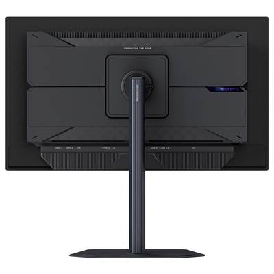 Widok z tyłu nowoczesnego monitora komputerowego Gigabyte na eleganckiej podstawce, prezentujący jego design i możliwości regulacji.