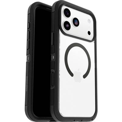 Smartfon z ochronnym czarnym etui, wyposażony w trzy tylne aparaty fotograficzne oraz nadrukowane logo na tylnej obudowie.