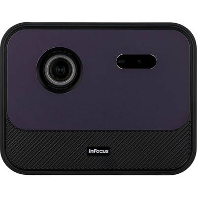 Obiektyw i sensor marki 'InFocus' na prostokątnym ciemnym urządzeniu o teksturowanej powierzchni.