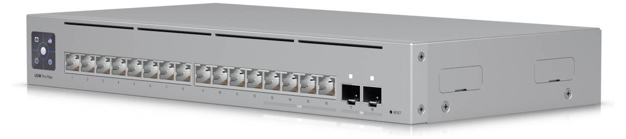 Srebrny przełącznik sieciowy z 12 portami Ethernet, dwoma portami uplink oraz wskaźnikami LED z boku, przeznaczony do łączności danych.