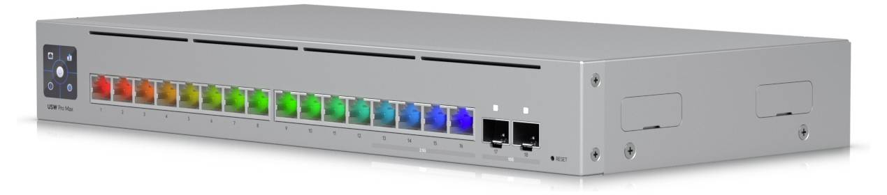 Przełącznik sieciowy z wielokolorowymi portami i dwoma portami Ethernet, używany do łączenia urządzeń w lokalnej sieci komputerowej (LAN).