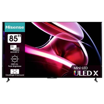 Telewizor Hisense o przekątnej 85 cali z technologią Mini-LED, oferujący szczytową jasnością 2500 nitów, prezentujący żywe, abstrakcyjne czerwone i różowe wirujące wzory na ekranie.