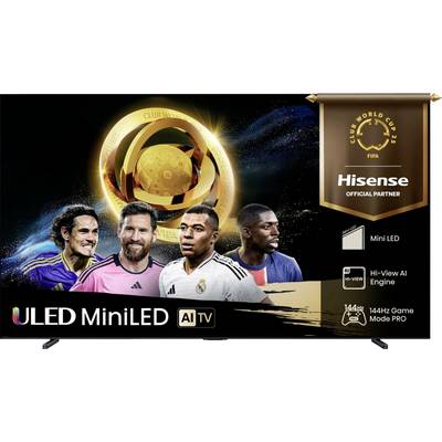 Promocyjna grafika telewizora Hisense Mini LED ULED TV z motywem Mistrzostw Świata FIFA w Piłce Nożnej Klubów, przedstawiająca czterech piłkarzy.