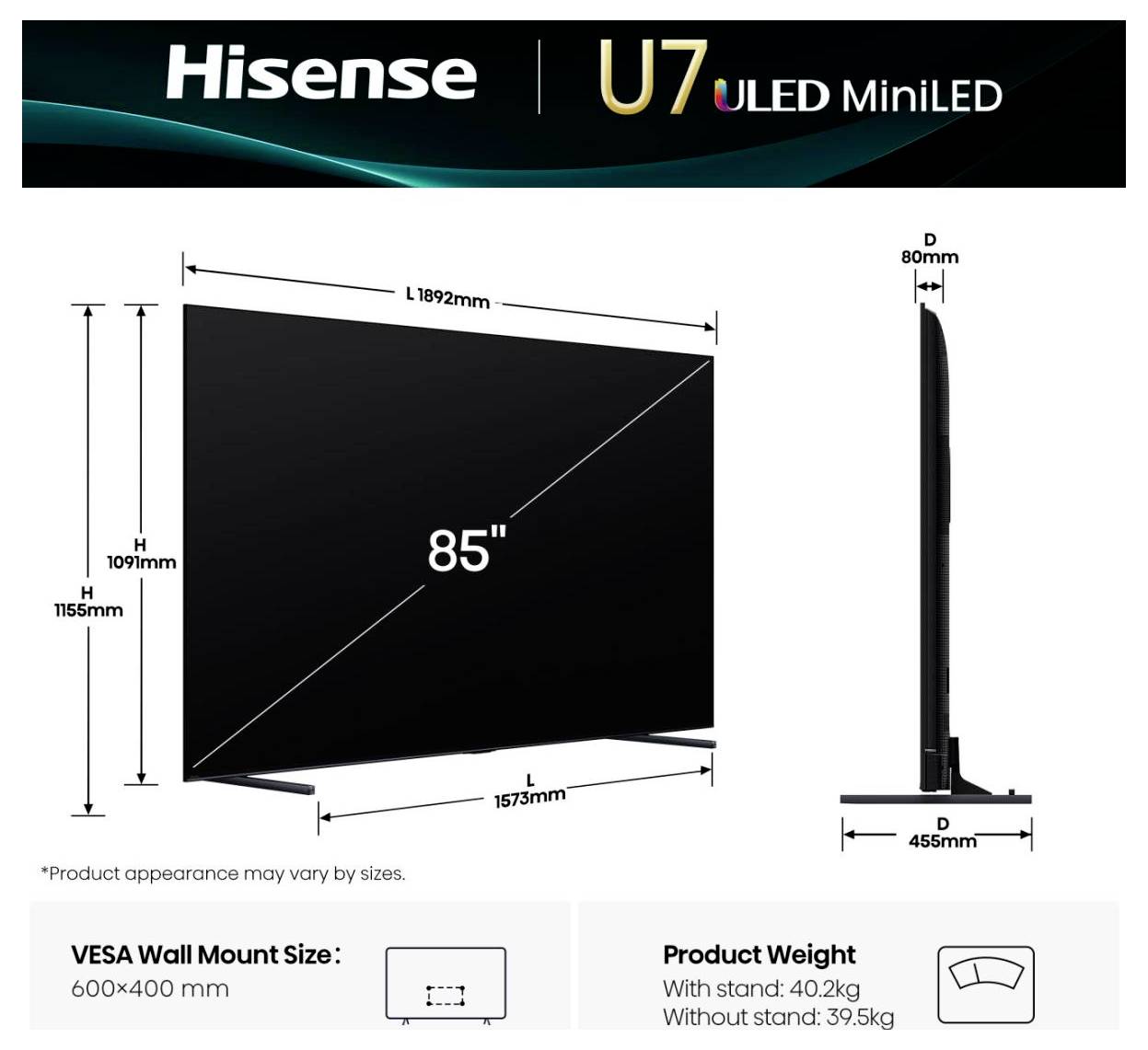 Diagram przedstawiający telewizor Hisense U7 ULED MiniLED, oznaczony jako '85"' z wymiarami: 1155 mm wysokości, 1927 mm szerokości i 80 mm głębokości.