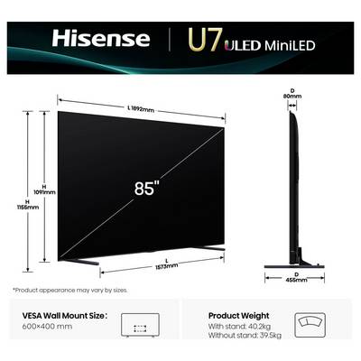 Diagram przedstawiający telewizor Hisense U7 ULED MiniLED, oznaczony jako '85"' z wymiarami: 1155 mm wysokości, 1927 mm szerokości i 80 mm głębokości.