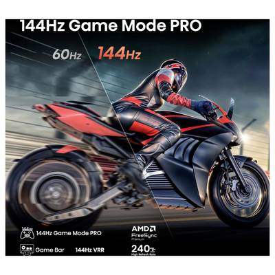 Obraz porównawczy przedstawiający motocyklistę jadącego na czerwono-czarnym motocyklu, z podzielonymi sekcjami przy 60 Hz po lewej stronie i 144 Hz po prawej stronie, ilustrujący różnice w płynności ruchu.