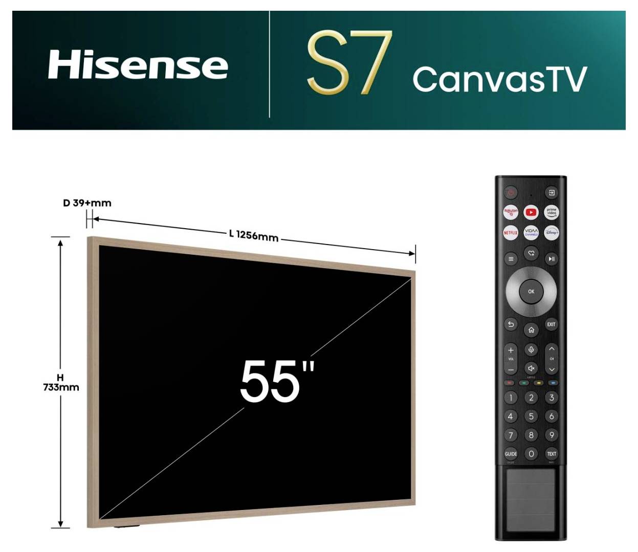 "Telewizor Hisense S7 CanvasTV" nad drewnianą ramką 55-calowego płaskiego telewizora z wymiarami, obok szczegółowego obrazu pilota zdalnego sterowania.