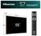"Telewizor Hisense S7 CanvasTV" nad drewnianą ramką 55-calowego płaskiego telewizora z wymiarami, obok szczegółowego obrazu pilota zdalnego sterowania.